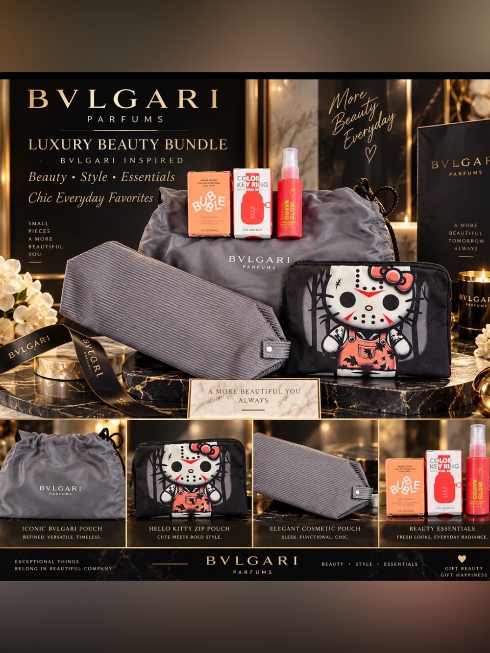 Bulgari Gray Cosmetic Pouch Trio with Hello Kitty Accent